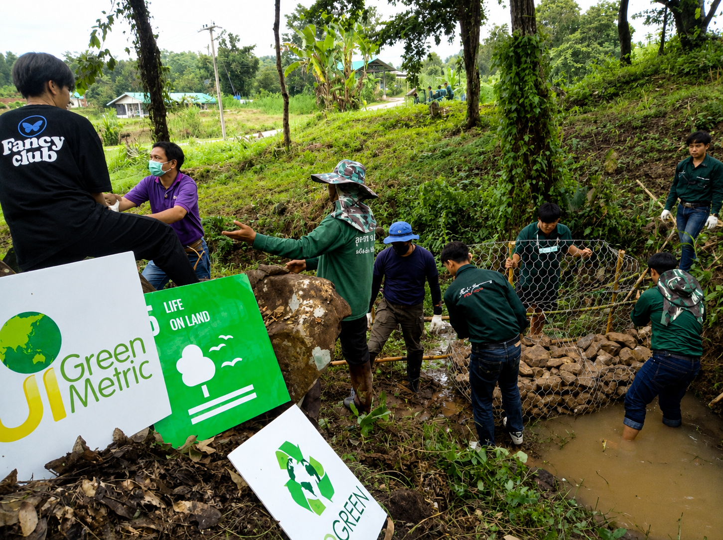 Volunteers conducting outdoor environmental restoration work with GreenMetric Life on Land signage
