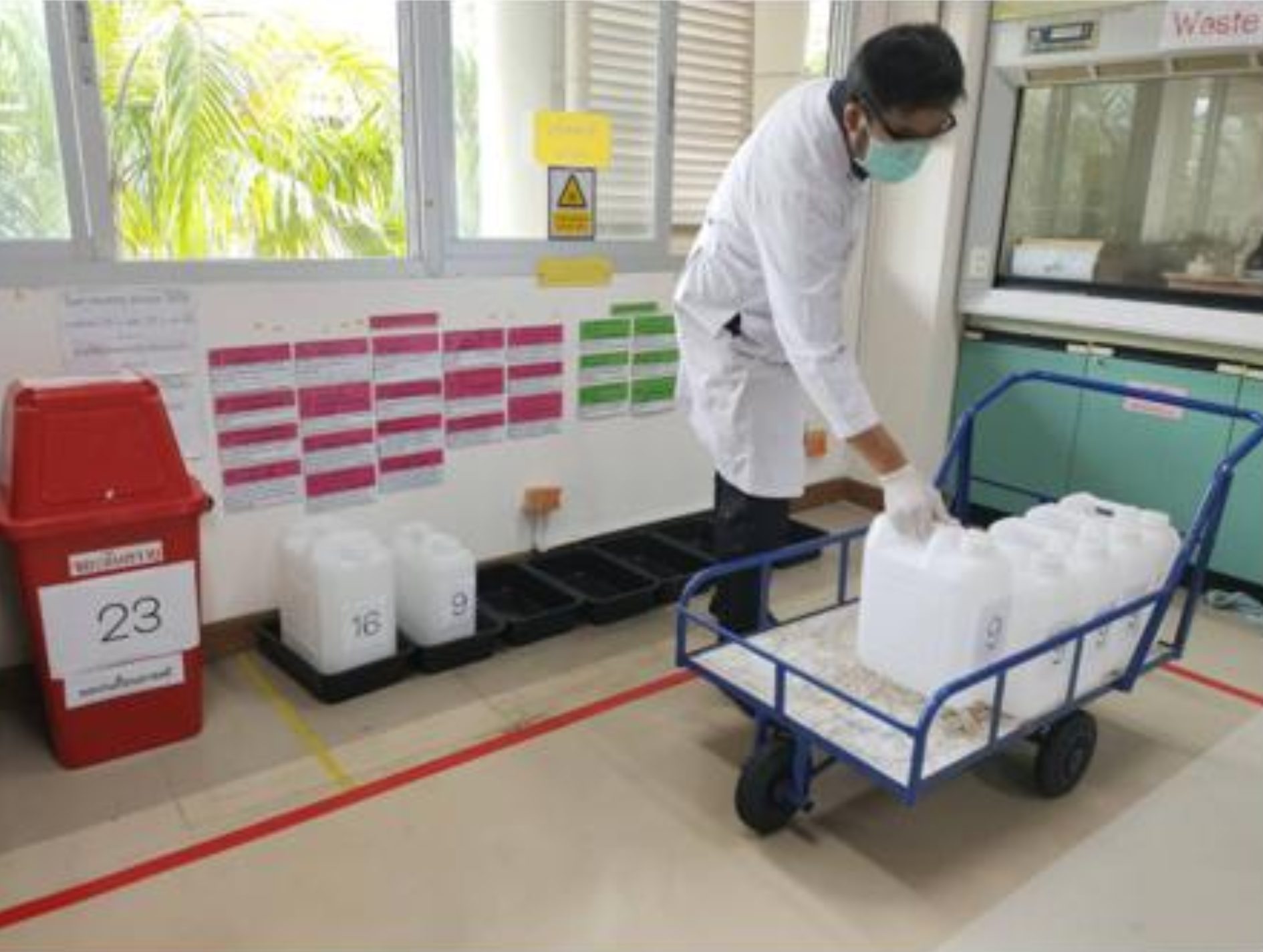 Laboratory staff sorting hazardous chemical waste containers