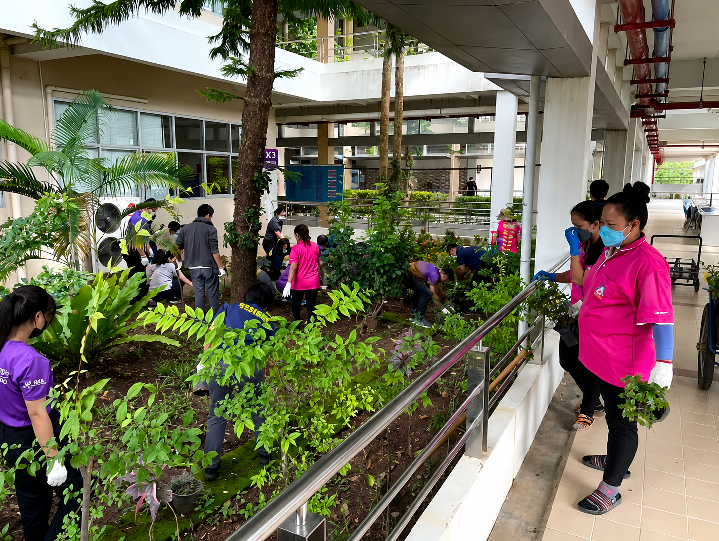 Volunteers planting trees indoors along a campus corridor